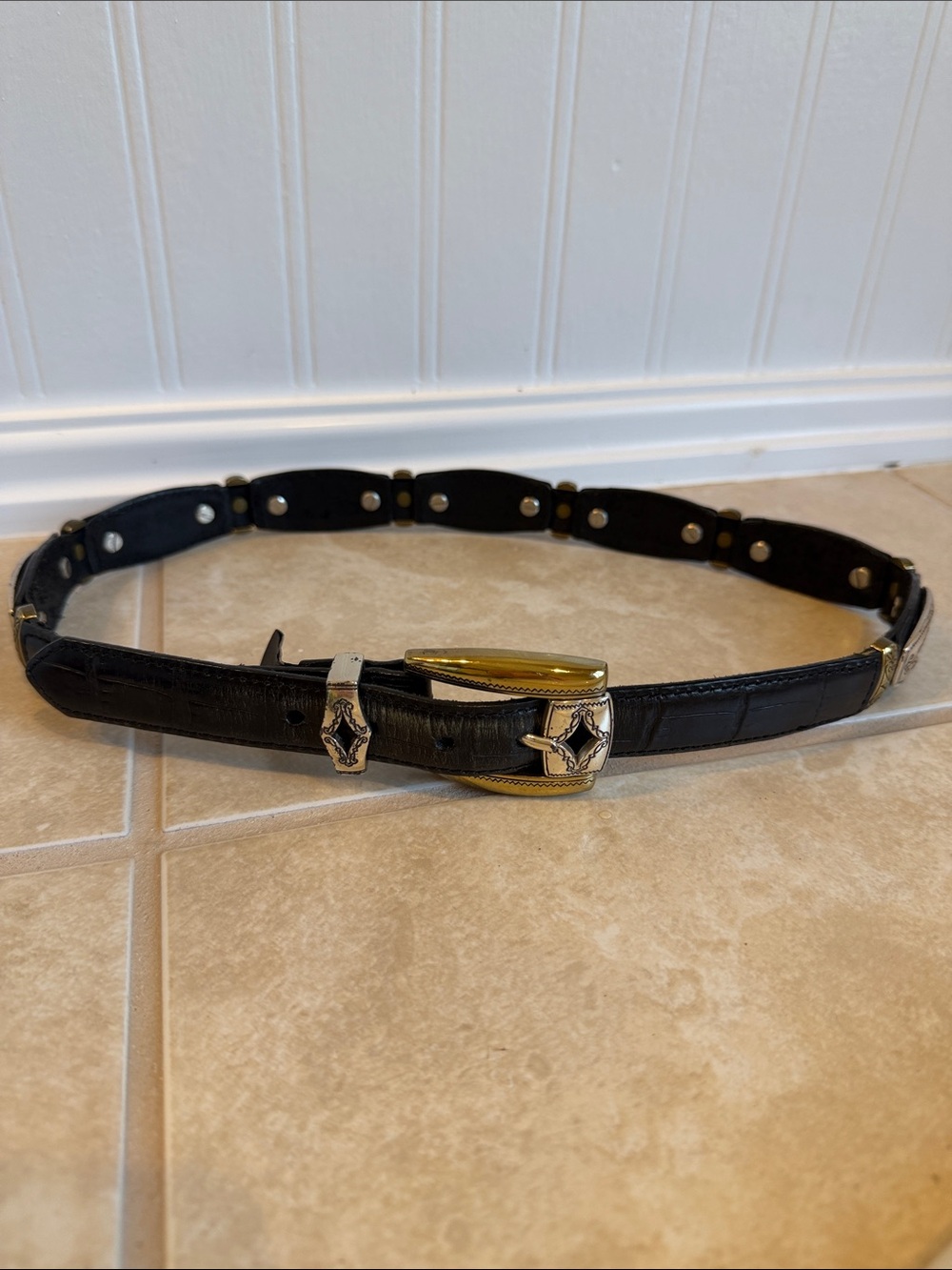 Brighton Black Leather Belt with Gold-Tone Buckle and Silver Accents